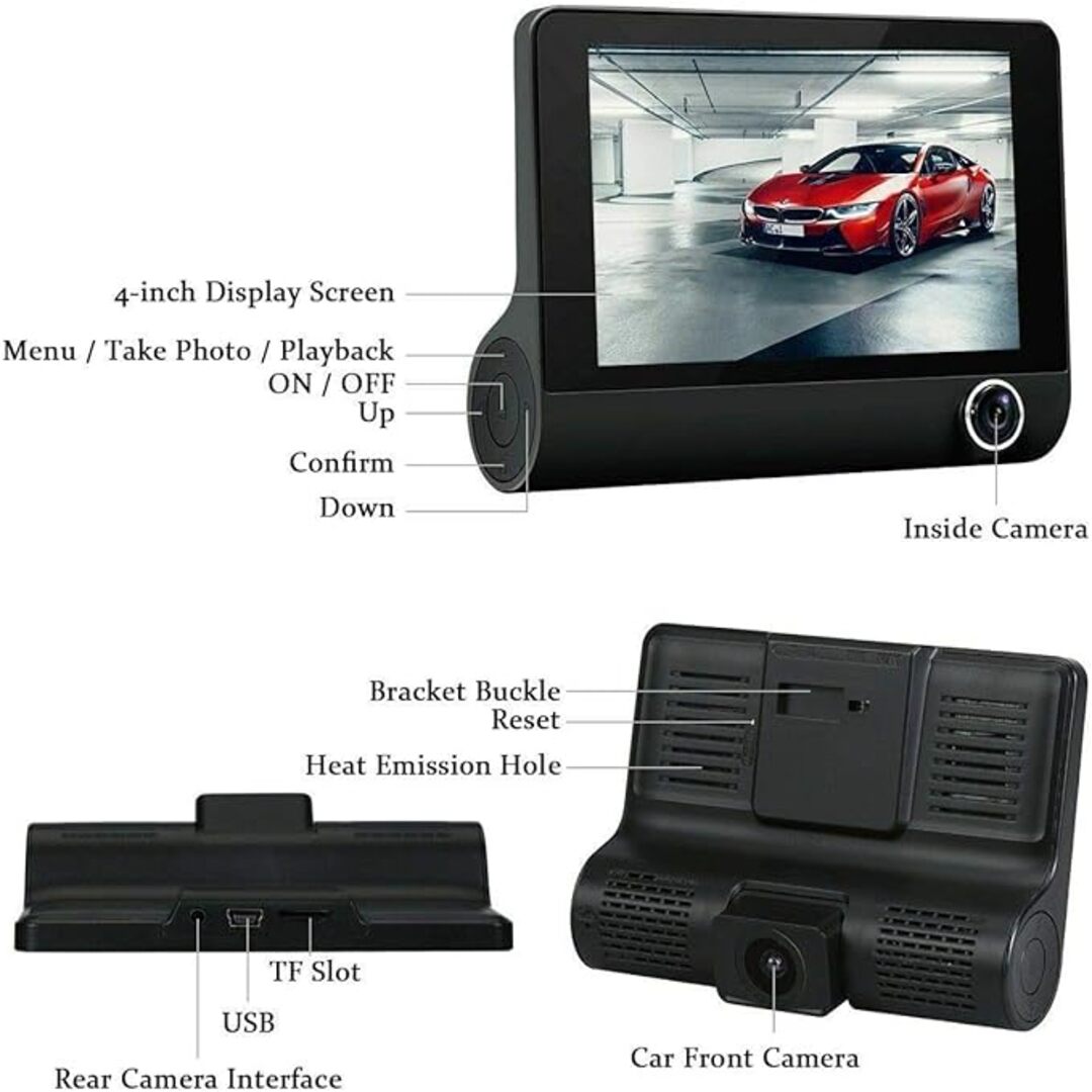 Universal Car DVR Dash Camera, FHD 1080P Wide Angle Car DVR Rearview Video Dash Cam Recorder Camera LCD Screen