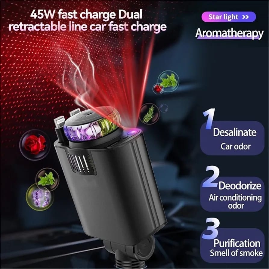Starlight 5-in-1 Retractable Car Diffuser and Charger Combo with Essential Oils and Cotton Buds, Multi-Port USB Fast Charger for Vehicles, Aromatherapy Air Freshener (1pcs)