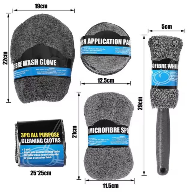 Pro User 9pc Microfibre Car Cleaning Kit – Car Wash & Detailing Kit with Mitt, Cloths, Sponge & Wheel Brush